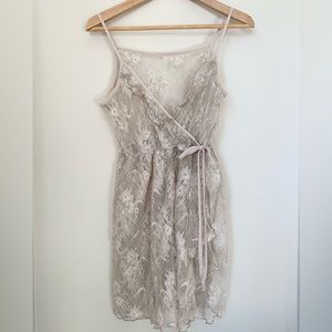 Sheer Floral Lace Spaghetti Strap Wrap Dress Grey Beige